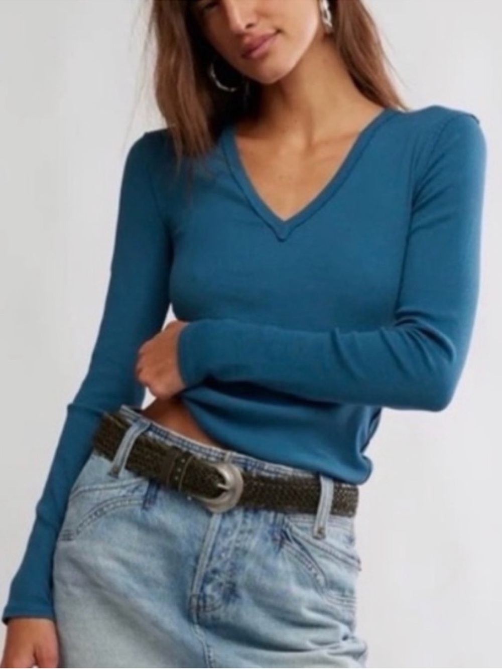 FREE PEOPLE WE THE FREE NERIA LONG SLEEVE V-NECK TOP STILL SEA XS NEW